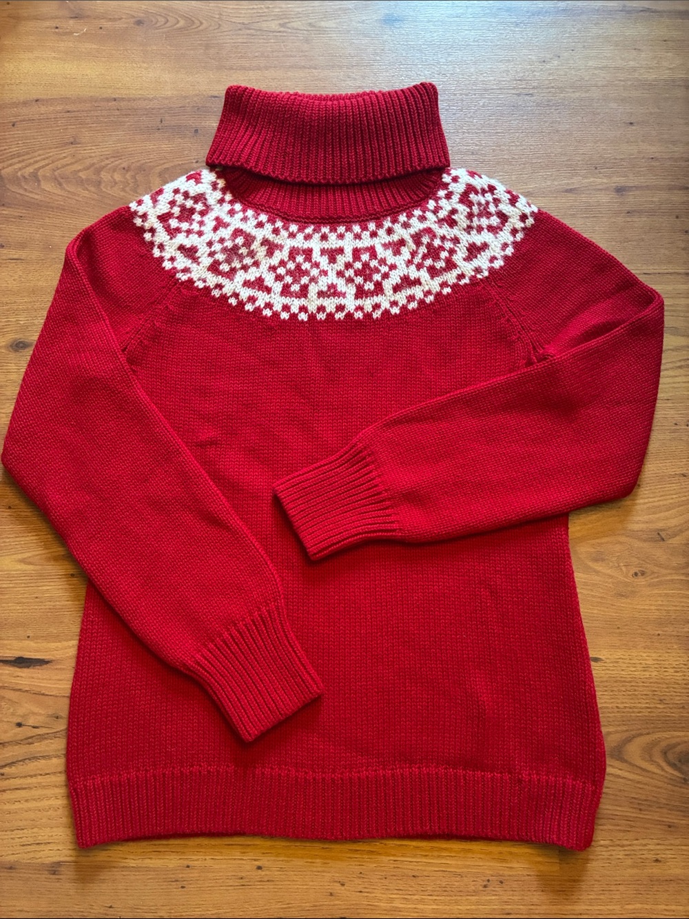 EUC Talbots Red Turtleneck Sweater with White Fair Isle Yoke Size L